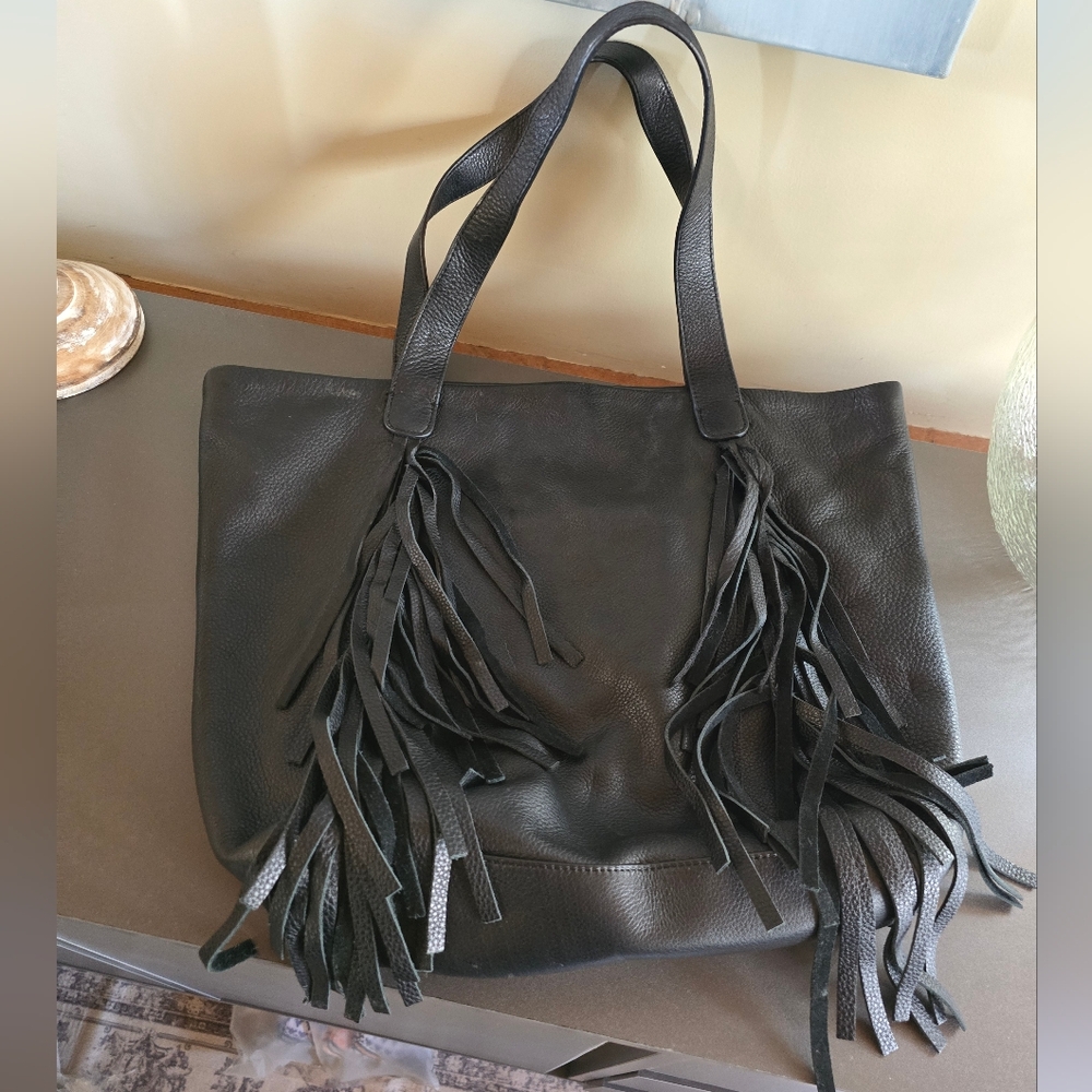 Vince Camuto Black Leather Fringe Tote